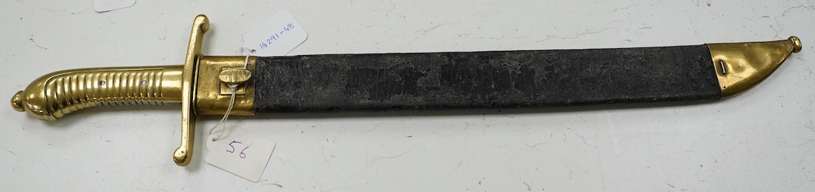 An 1855 Prussian infantry pioneer’s short sword, brass hilt stamped 12.A.1.10 in its brass mounted leather scabbard, blade 47.5cm. Condition - fair, some age wear
